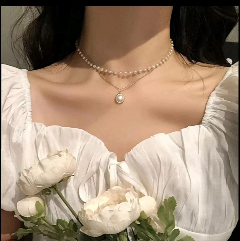 NEW KPOP PEARL GOLD CLAVICLE CHAIN CHOCKER DOUBLE LAYER MULTI-LAYER NECKLACE - Picture 4 of 4